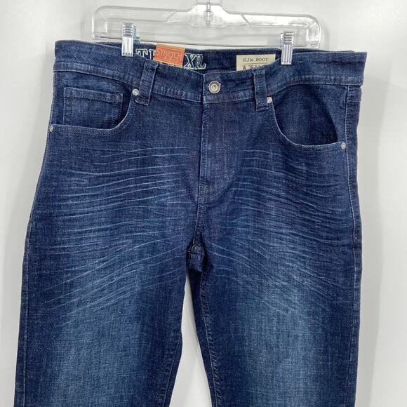 TK Axel Slim Boot Jeans Men's 36 x 32 Stretch Denim Dark Wash Distressed - Picture 2 of 13